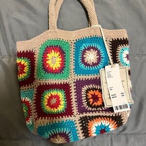 Tan and multi-coloured crochet mini tote bag 🧶🌸🌼🌺